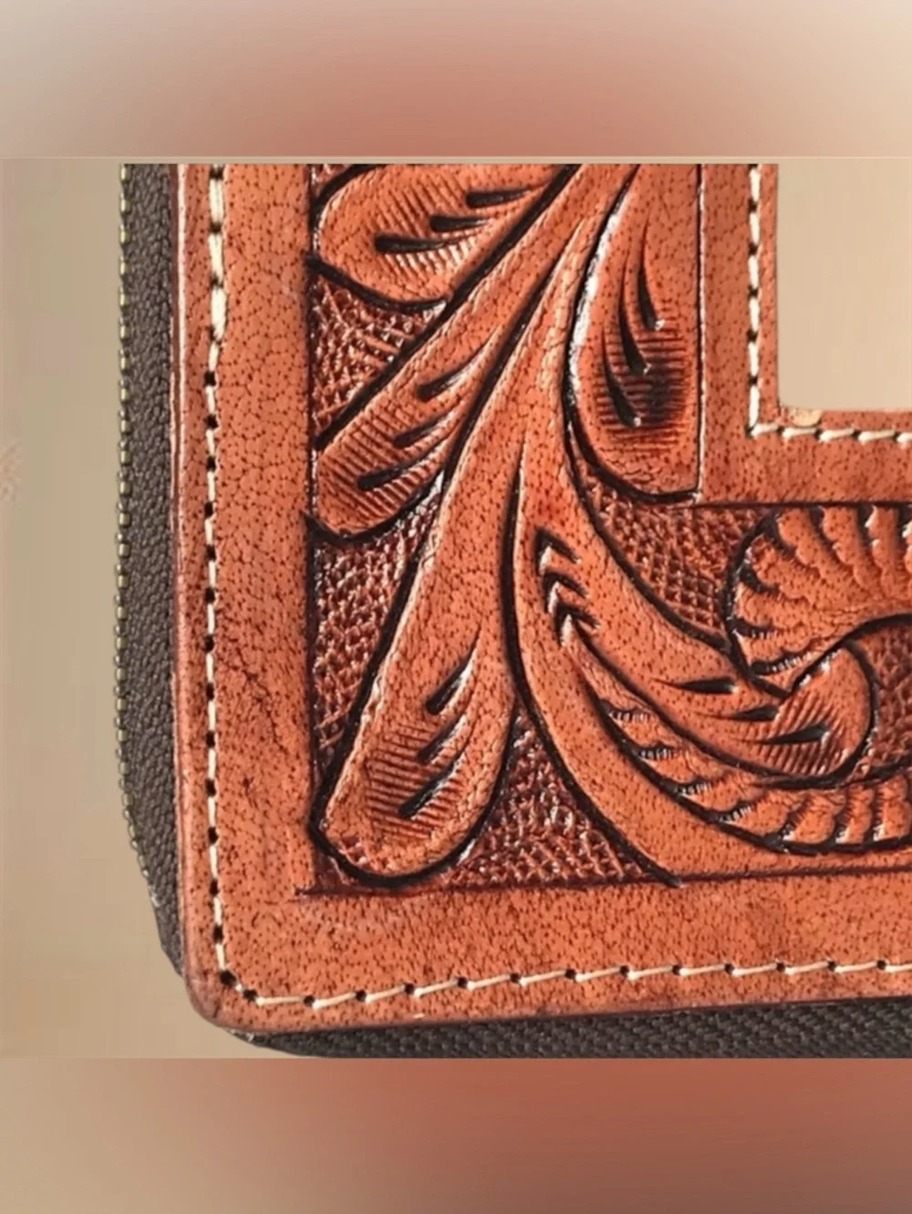 Hand-Tooled Leather & Cowhide Wallet - Brown